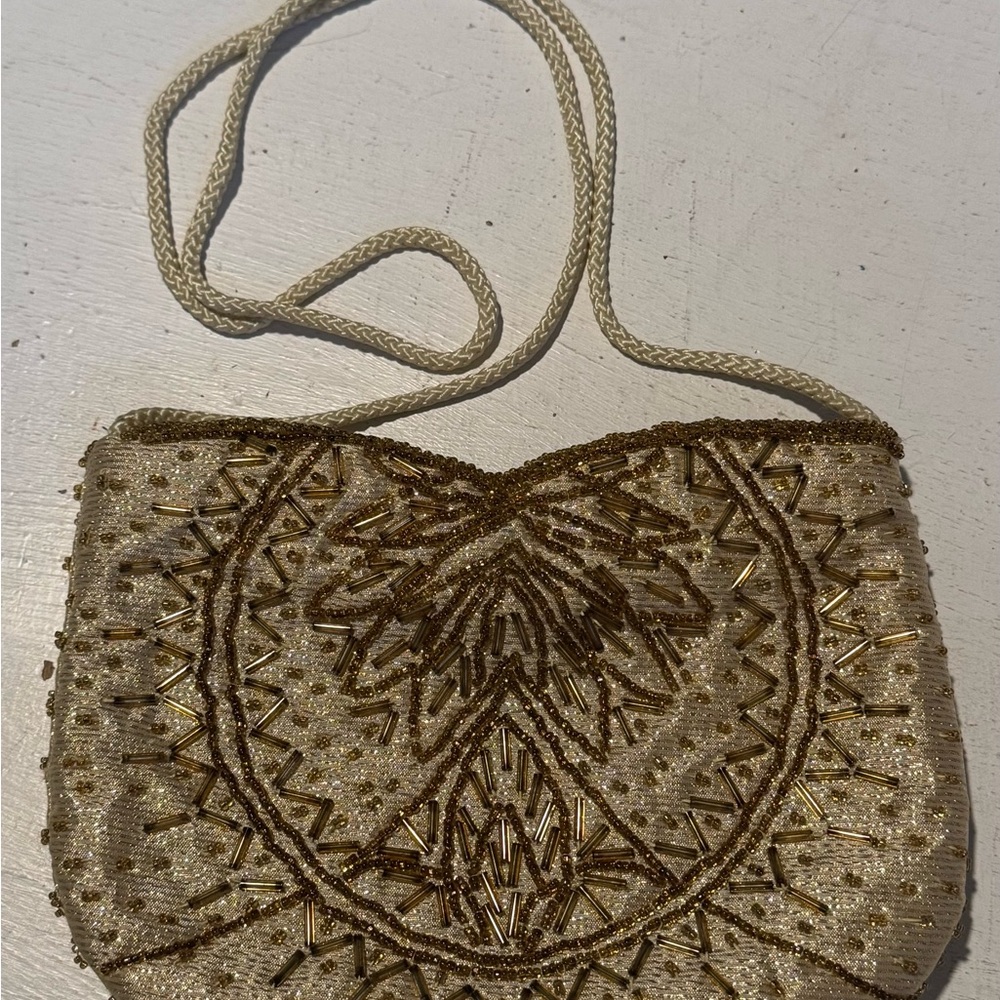 Beaded Gold Decorative Clutch Heart Shape & Intricate Patterns Regale LTD